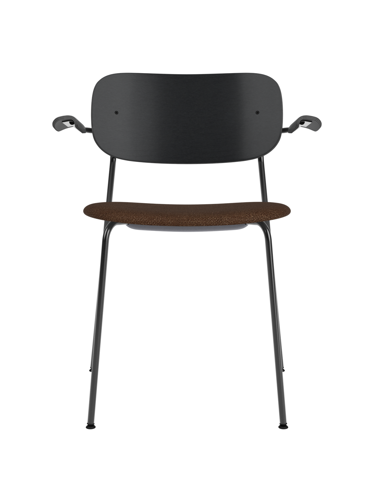 Co Dining Chair with armrests, black frame, black painted oak backrest, and a textured brown bouclé upholstered seat.