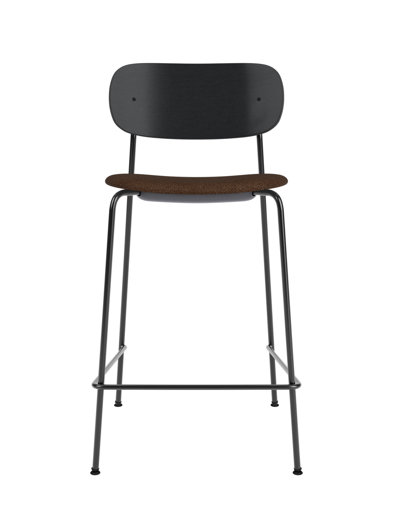 Co Counter Chair with black oak back and brown bouclé upholstered seat on a slender black powder-coated steel frame.