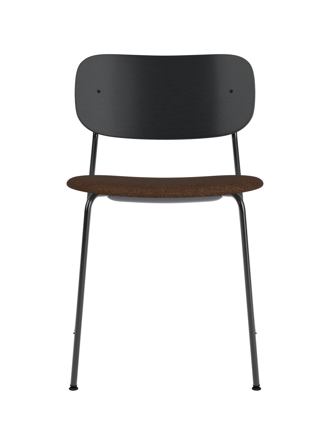 Co Dining Chair featuring a black steel frame, wide black oak backrest, and a brown bouclé upholstered seat.
