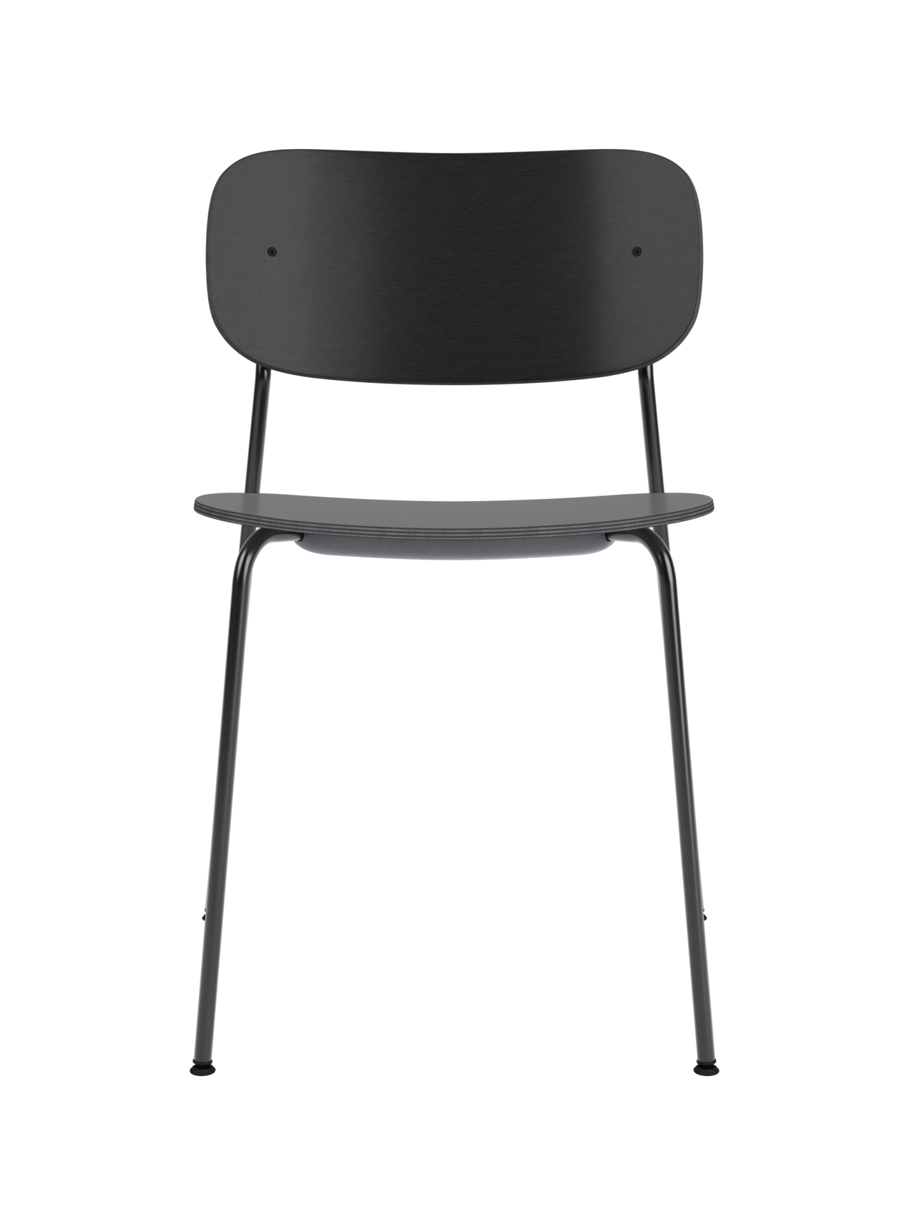 Co Dining Chair featuring a black painted oak veneer seat and backrest on a slender black powder-coated steel frame.
