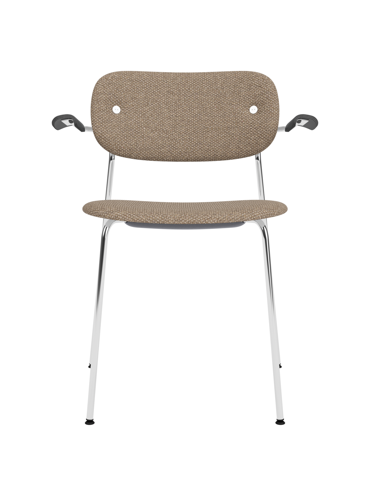 Fully upholstered Co Dining Chair with armrests in Logan Flint fabric on a polished chrome frame.