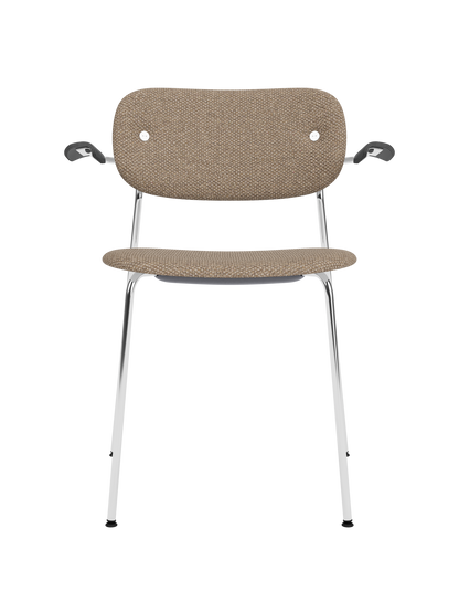 Fully upholstered Co Dining Chair with armrests in Logan Flint fabric on a polished chrome frame.