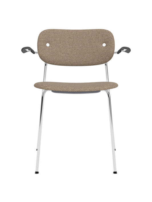 Fully upholstered Co Dining Chair with armrests in Logan Flint fabric on a polished chrome frame.