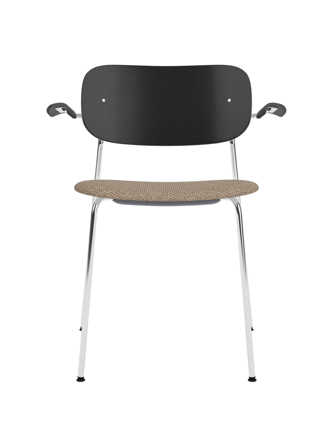 Co Dining Chair with armrests, black painted oak backrest, Logan Flint upholstered seat and a polished chrome frame.