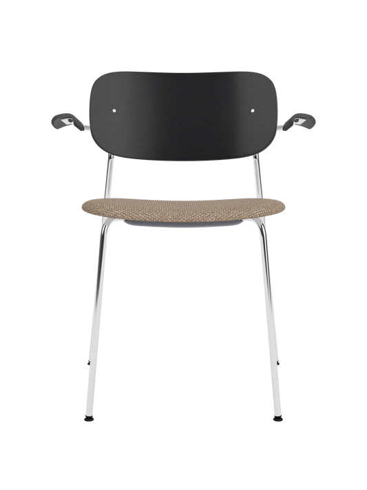 Co Dining Chair with armrests, black painted oak backrest, Logan Flint upholstered seat and a polished chrome frame.