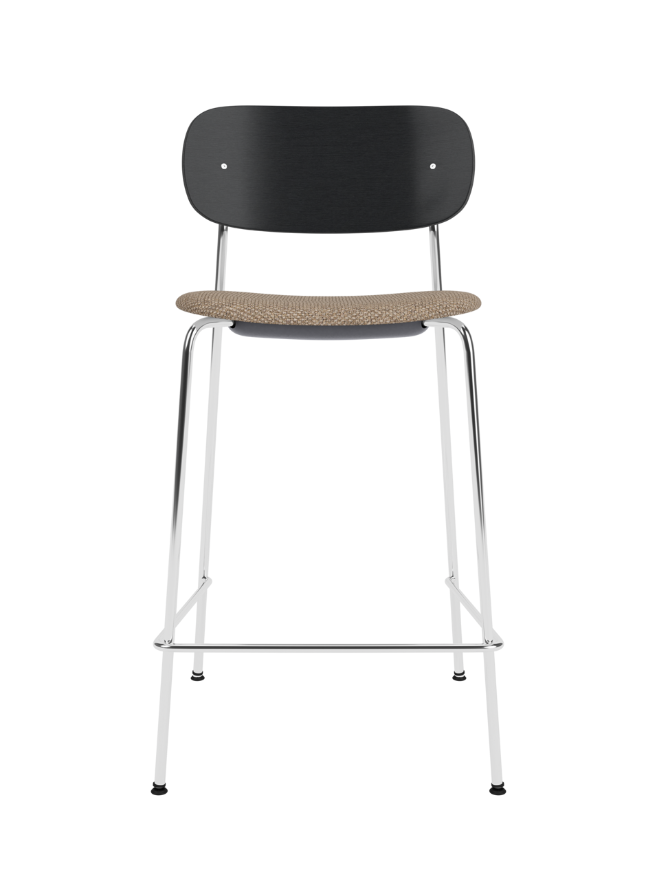 Co Counter Chair with black painted oak back, upholstered seat in Logan Flint, and chrome steel frame.