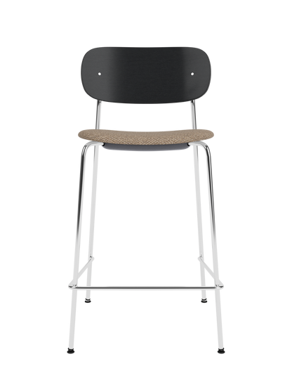 Co Counter Chair with black painted oak back, upholstered seat in Logan Flint, and chrome steel frame.