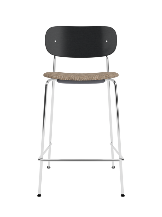 Co Counter Chair with black painted oak back, upholstered seat in Logan Flint, and chrome steel frame.