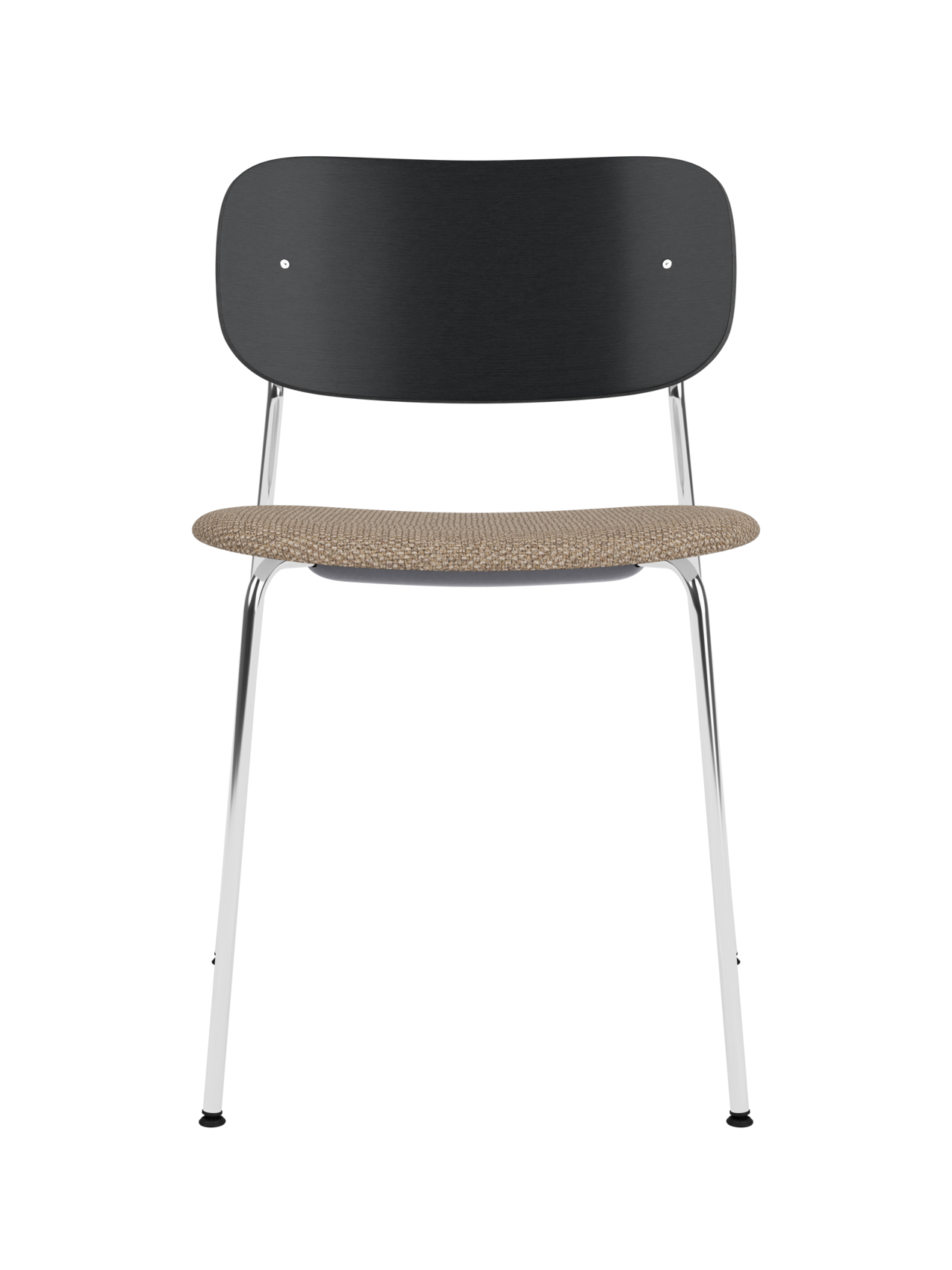 Co Dining Chair featuring a black painted oak backrest, Logan Flint upholstered seat and a chrome frame.