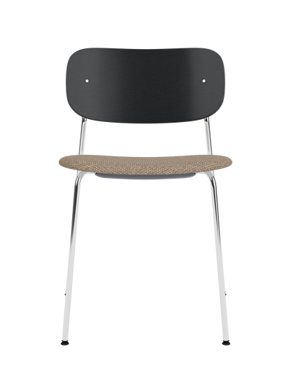 Co Dining Chair featuring a black painted oak backrest, Logan Flint upholstered seat and a chrome frame.