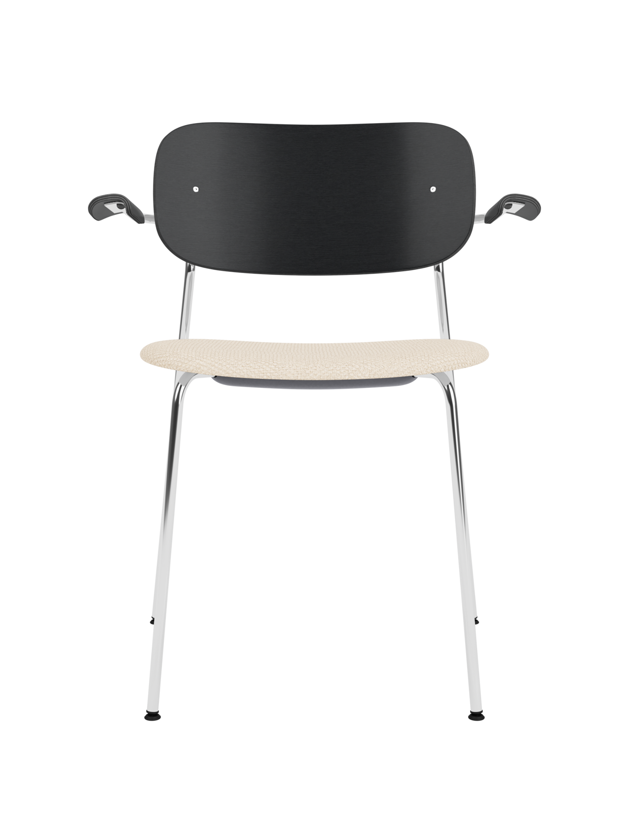 Co Dining Chair with armrests, featuring a black oak back and Logan Jasmine upholstered seat on a slim chrome frame.