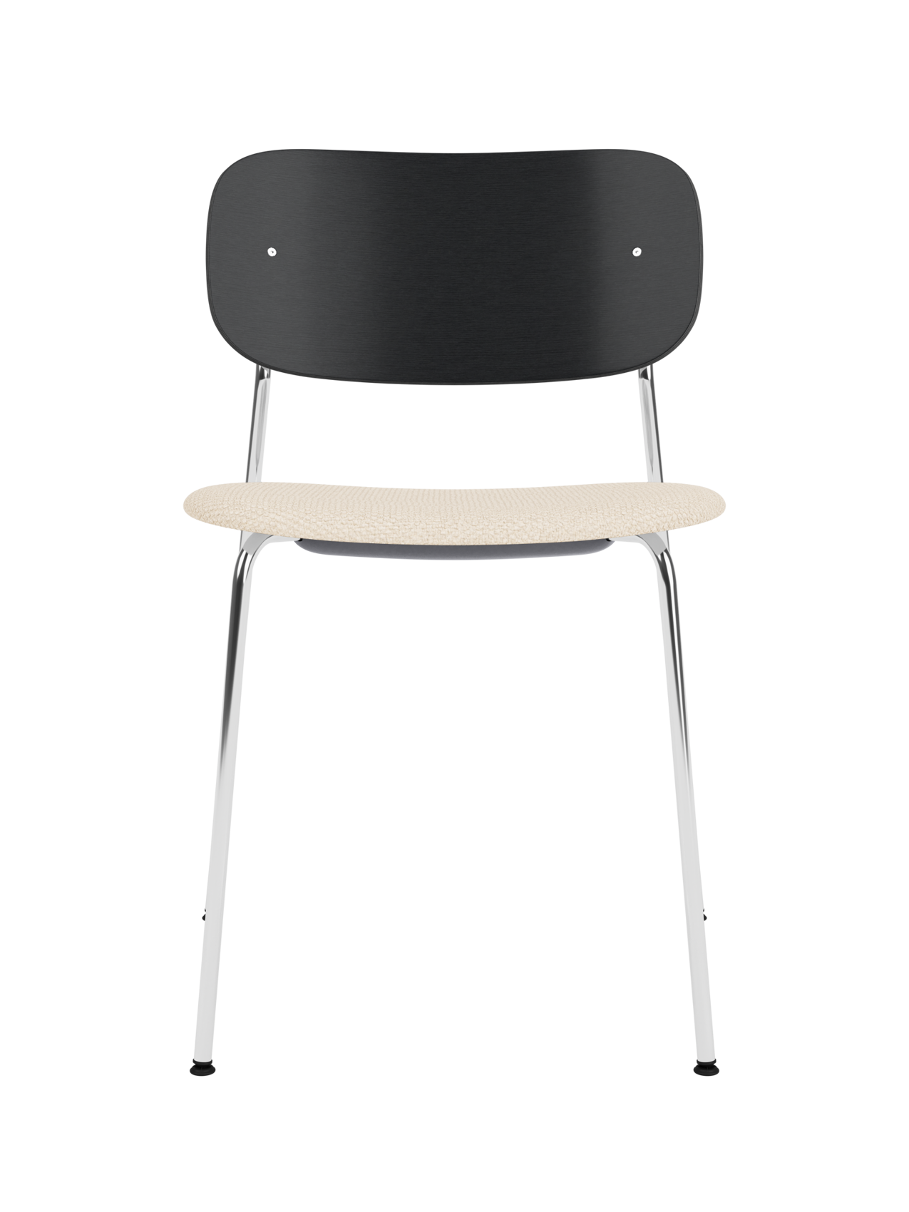 Co Dining Chair featuring a wide black oak backrest, Logan Jasmine upholstered seat and a sleek chrome frame.