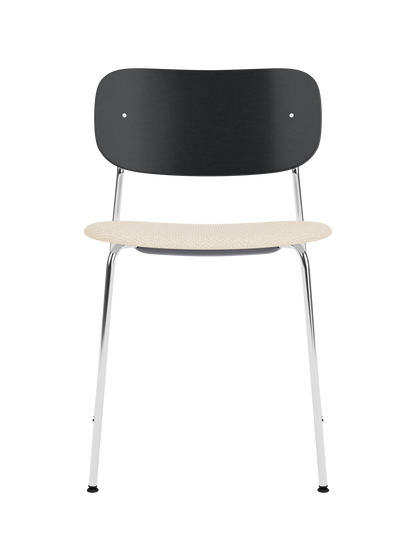 Co Dining Chair featuring a wide black oak backrest, Logan Jasmine upholstered seat and a sleek chrome frame.