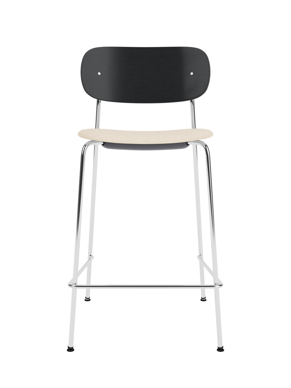 Co Counter Chair in black painted oak with a chrome frame and Logan Jasmine upholstered seat.