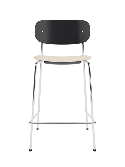 Co Counter Chair in black painted oak with a chrome frame and Logan Jasmine upholstered seat.