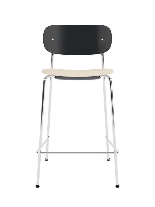 Co Counter Chair in black painted oak with a chrome frame and Logan Jasmine upholstered seat.