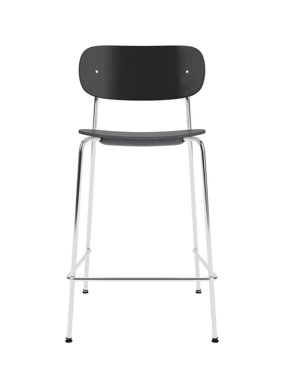 Co Counter Chair in black painted oak veneer with a chrome steel frame shown against a black background.