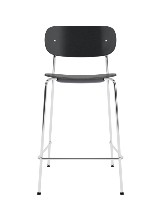 Co Counter Chair in black painted oak veneer with a chrome steel frame shown against a black background.