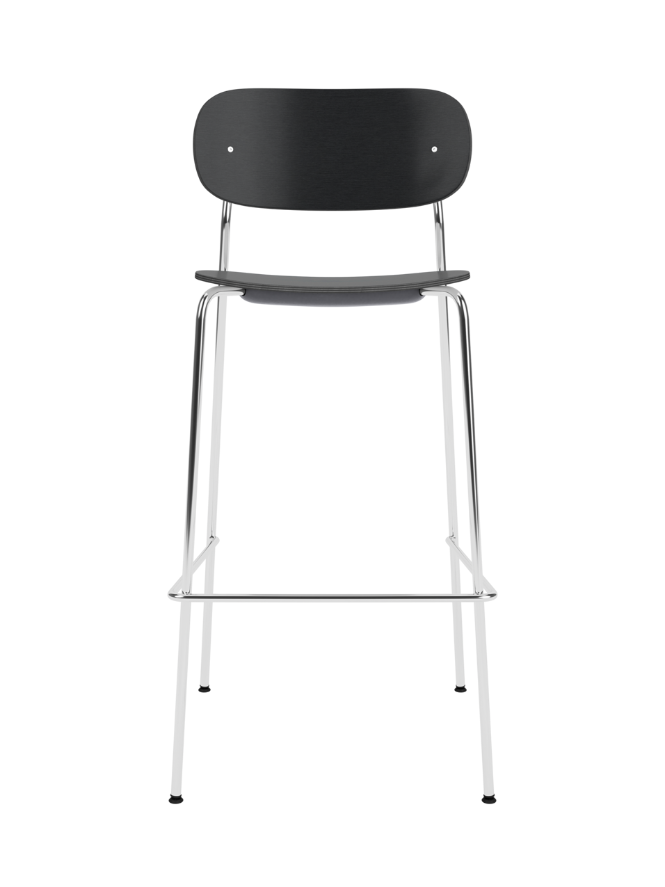 Co Bar Chair with black oak veneer and a chrome frame shown from the front against a black background.