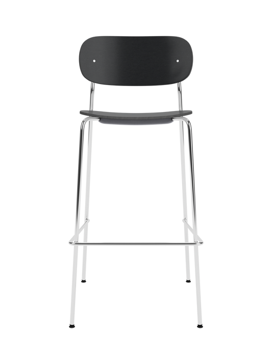 Co Bar Chair with black oak veneer and a chrome frame shown from the front against a black background.