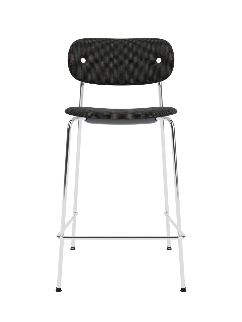 Co Counter Chair fully upholstered in dark re-wool fabric with a chrome tubular steel frame, shown from the front.