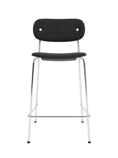 Co Counter Chair fully upholstered in dark re-wool fabric with a chrome tubular steel frame, shown from the front.
