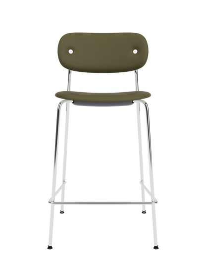 Co Counter Chair, Fully Upholstered with Sierra 0441 upholstery and a chrome steel frame shown against a black background.