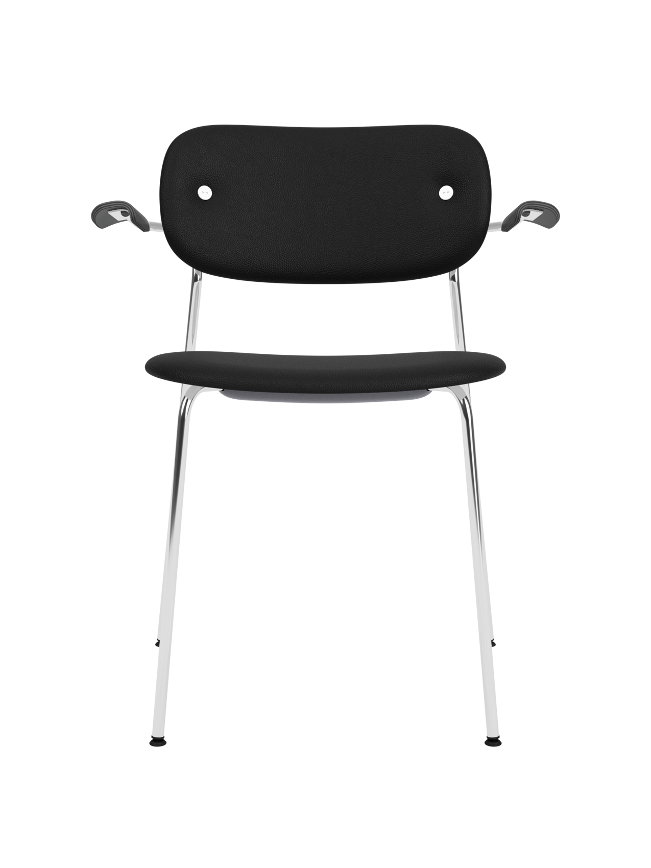 Co Dining Chair with armrests, featuring black Sierra leather upholstery and a sleek chrome frame on a white background.