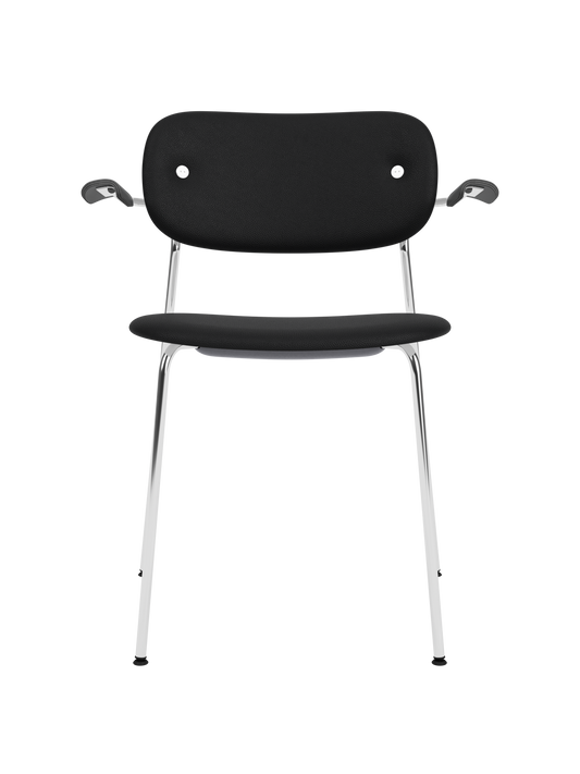 Co Dining Chair with armrests, featuring black Sierra leather upholstery and a sleek chrome frame on a white background.