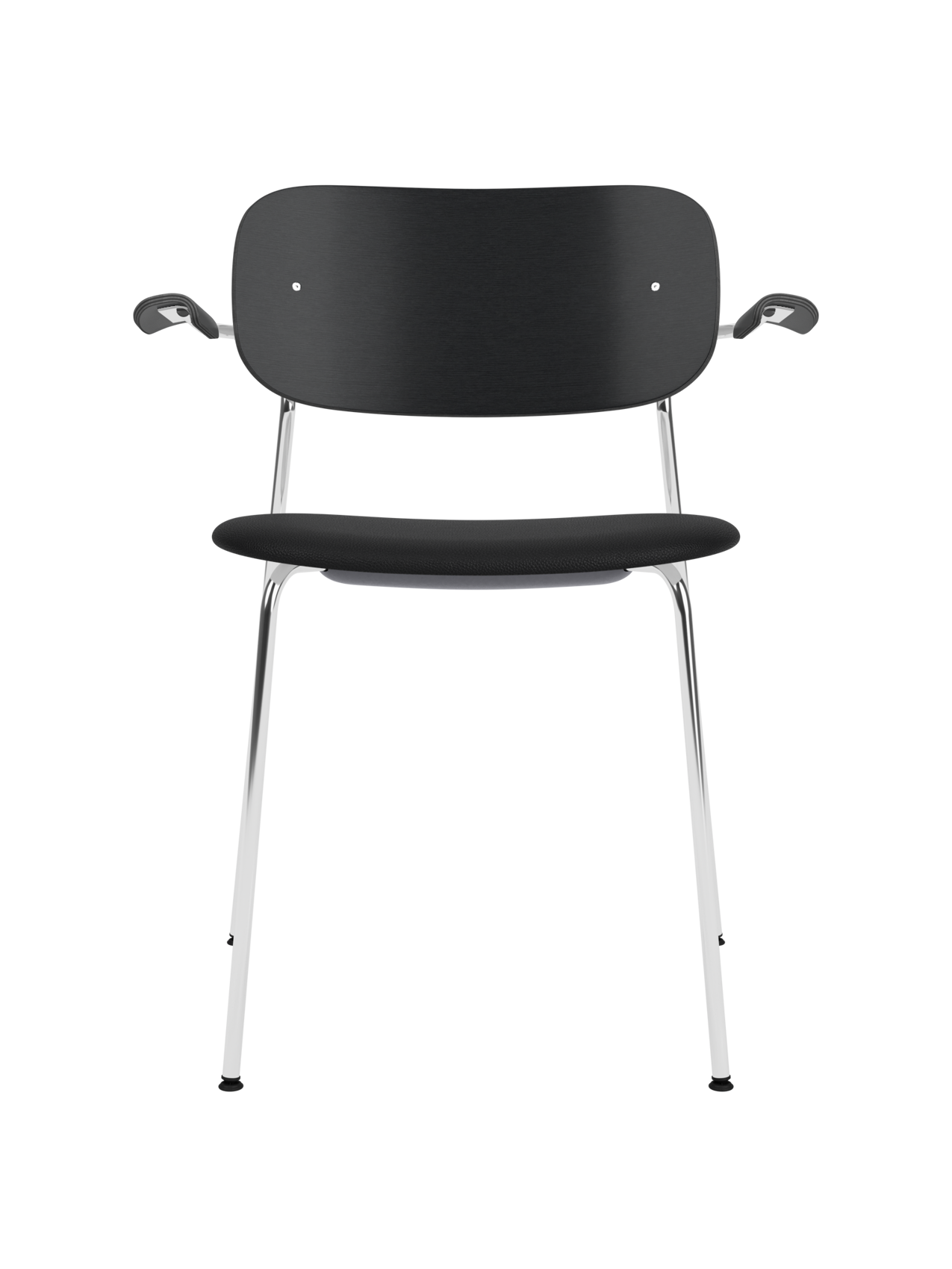 Co Dining Chair with armrests featuring a chrome frame, black painted oak backrest and black Sierra 1001 upholstered seat.