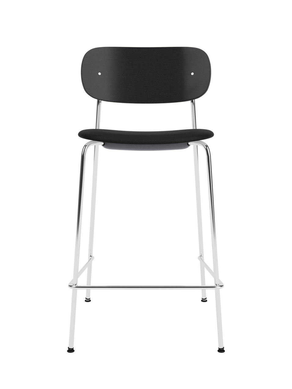 Co Counter Chair in black painted oak and chrome with a black upholstered seat against a black background.