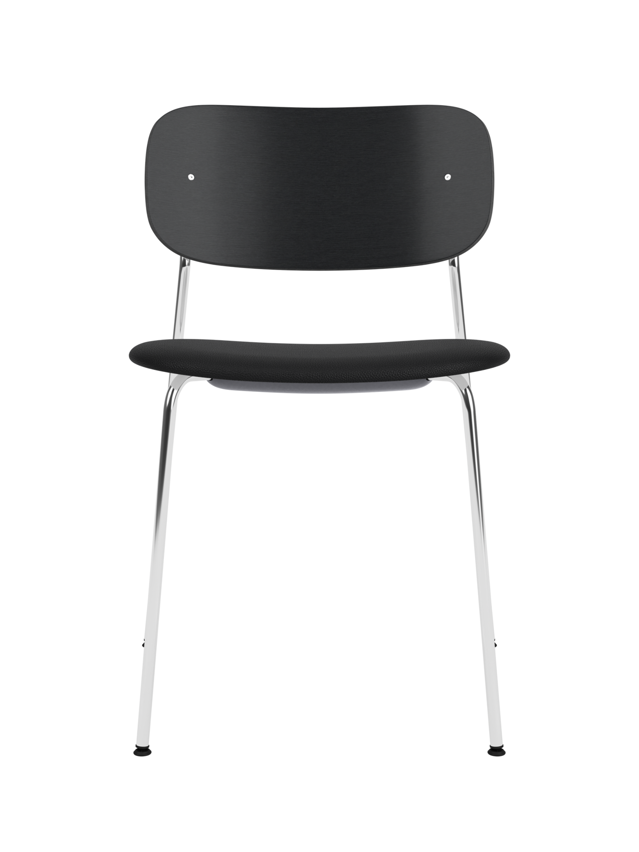 Co Dining Chair featuring a black painted oak backrest, black leather seat and polished chrome legs.