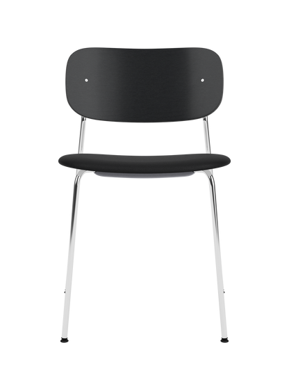 Co Dining Chair featuring a black painted oak backrest, black leather seat and polished chrome legs.