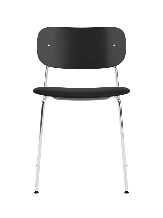 Co Dining Chair featuring a black painted oak backrest, black leather seat and polished chrome legs.