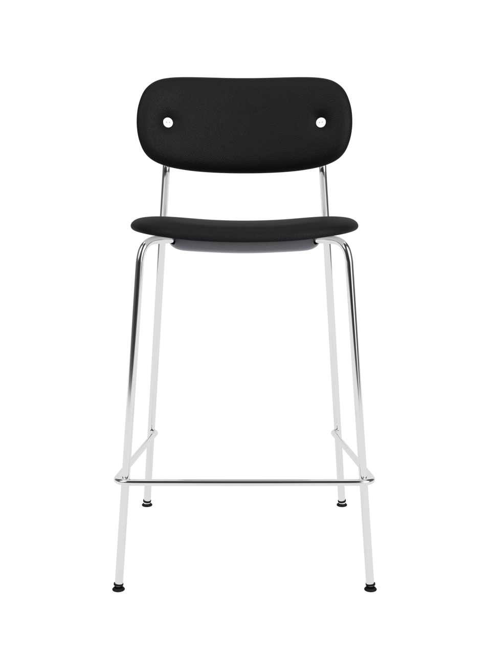 Co Counter Chair, Fully Upholstered in black leather with a chrome frame against a black background.
