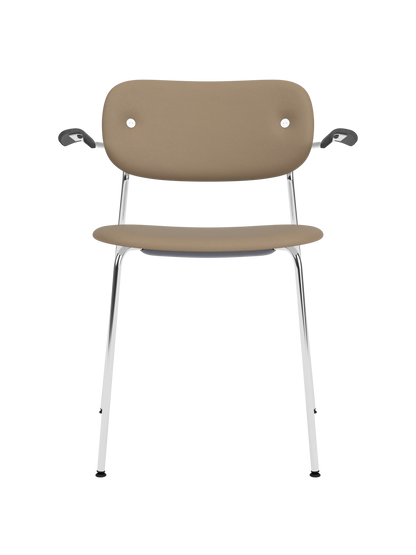 Co Dining Chair in Sierra 1611 leather with a polished chrome frame and black painted oak armrests.