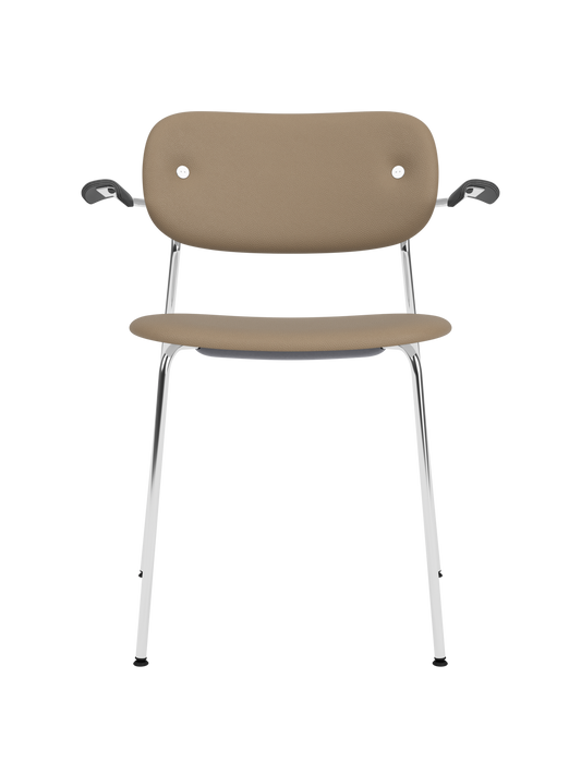 Co Dining Chair in Sierra 1611 leather with a polished chrome frame and black painted oak armrests.