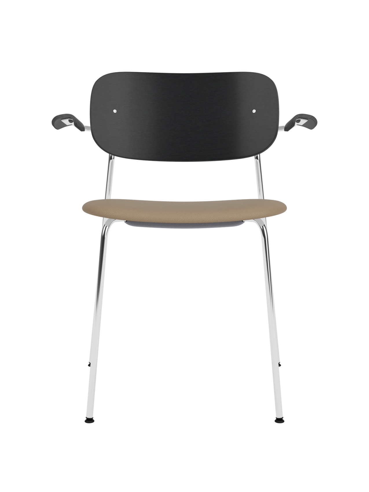 Black oak Co Dining Chair with armrests, featuring a tan Sierra 1611 leather seat and slim chrome frame.