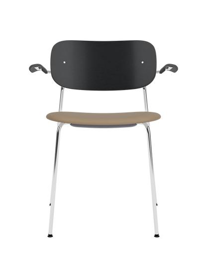 Black oak Co Dining Chair with armrests, featuring a tan Sierra 1611 leather seat and slim chrome frame.