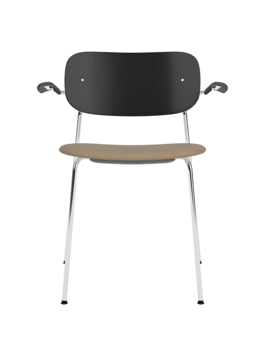 Black oak Co Dining Chair with armrests, featuring a tan Sierra 1611 leather seat and slim chrome frame.