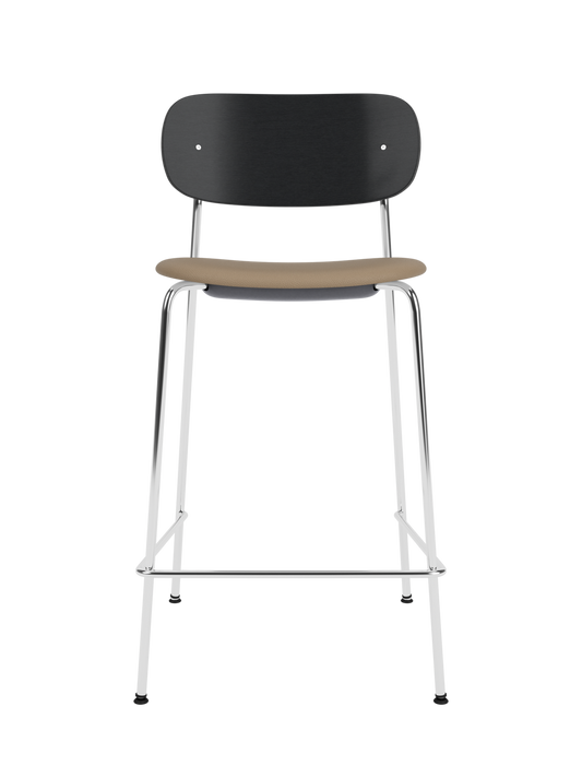Co Counter Chair with a chrome frame, black painted oak back, and Sierra 1611 upholstered seat shown on a black background.