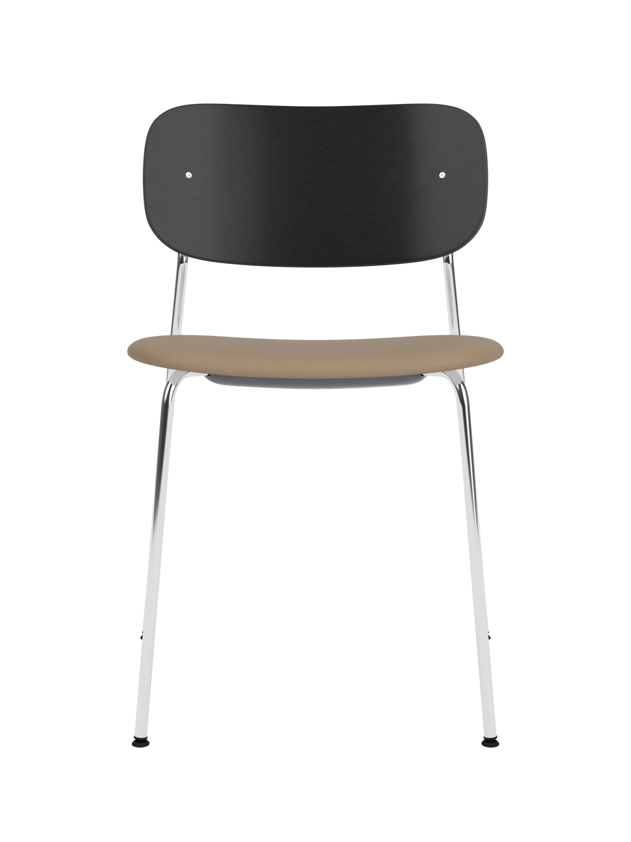 Co Dining Chair with black oak backrest, tan upholstered seat and slim chrome frame on a white background.