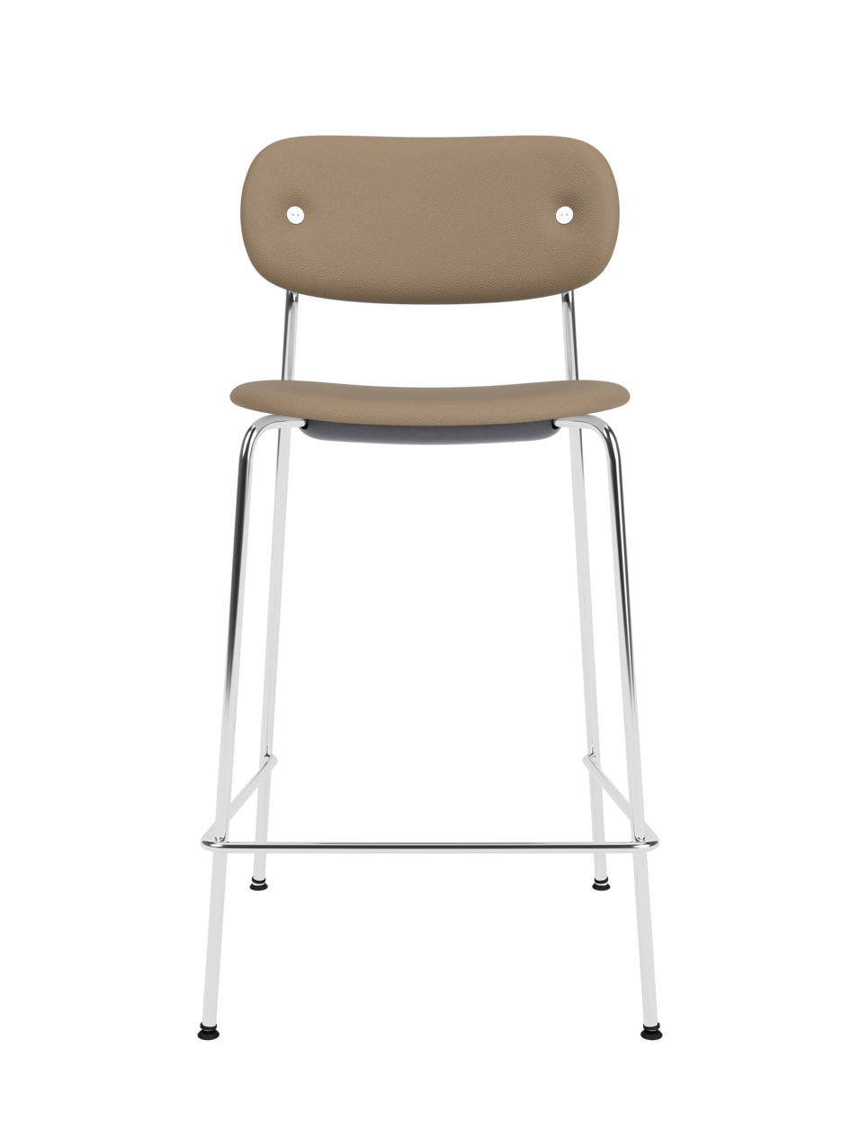 Co Counter Chair, Fully Upholstered with beige leather upholstery and chrome steel frame on a black background.