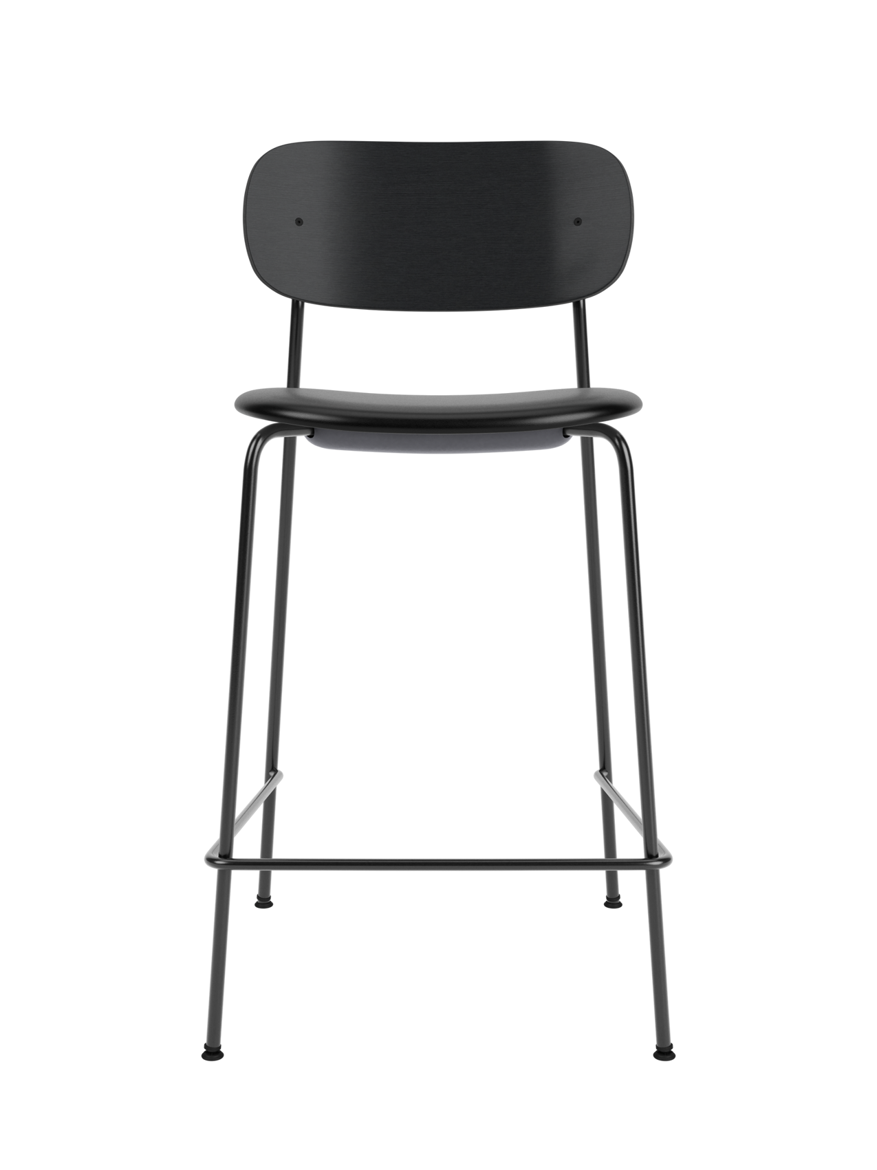 Black Co Counter Chair with an upholstered seat, black painted oak backrest and slender steel frame.