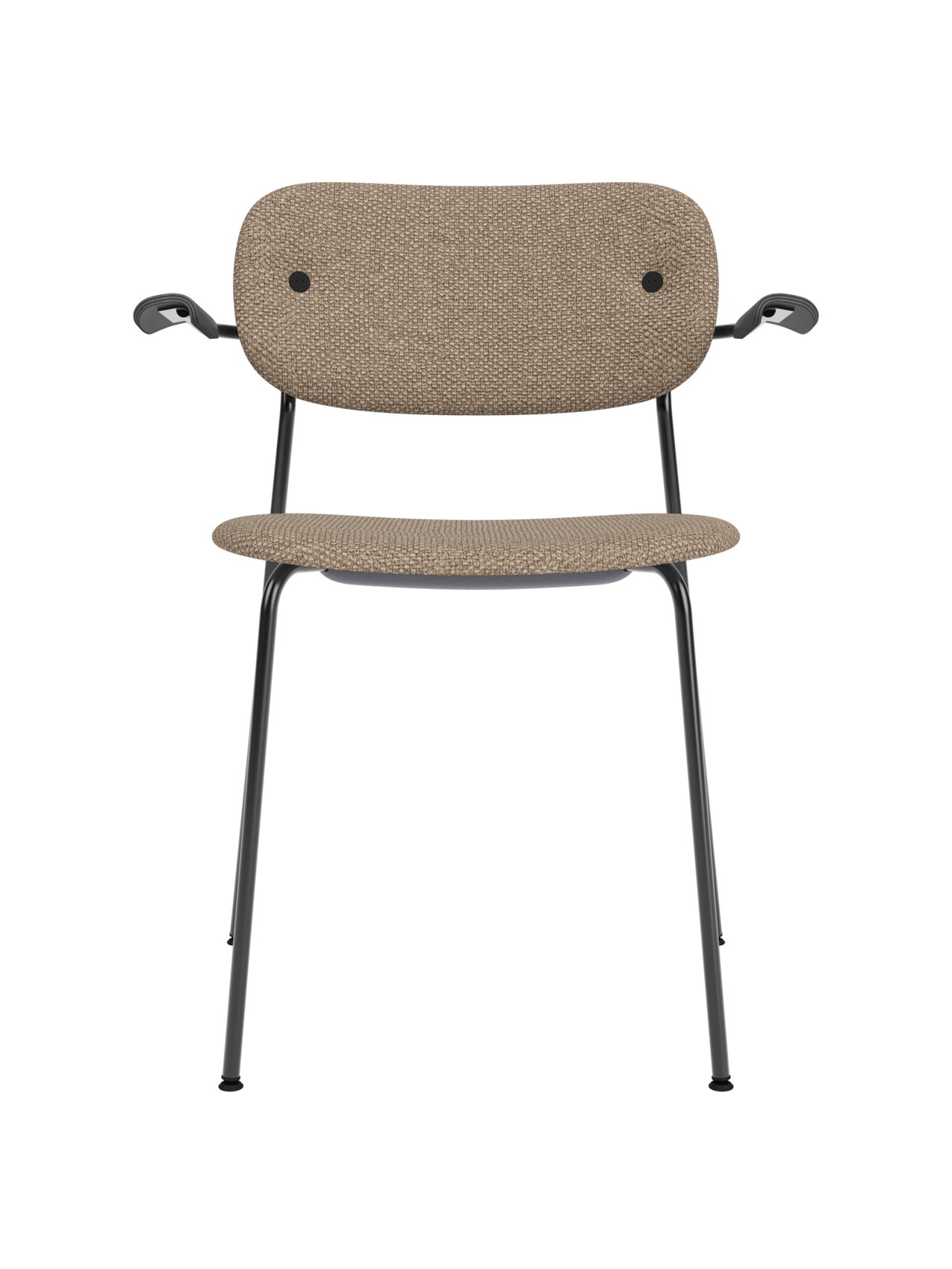 Fully upholstered Co Dining Chair in Logan Flint fabric with black armrests and a sleek black steel frame.