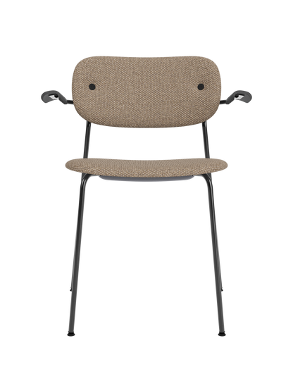 Fully upholstered Co Dining Chair in Logan Flint fabric with black armrests and a sleek black steel frame.