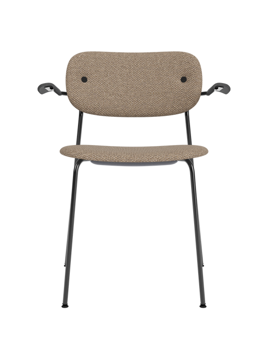 Fully upholstered Co Dining Chair in Logan Flint fabric with black armrests and a sleek black steel frame.