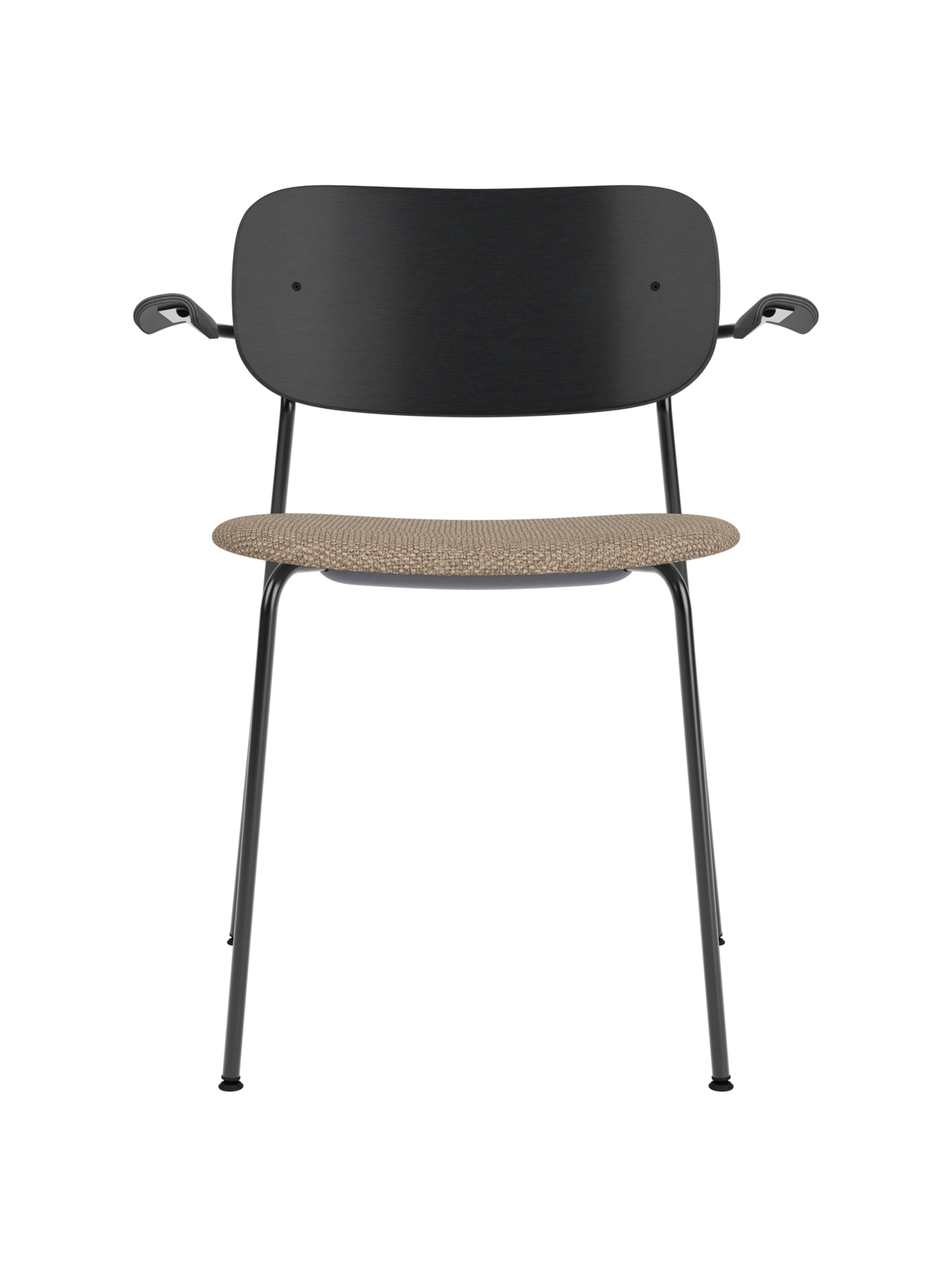 Co Dining Chair with armrests, black painted oak backrest and a textured Logan Flint upholstered seat on a black frame.