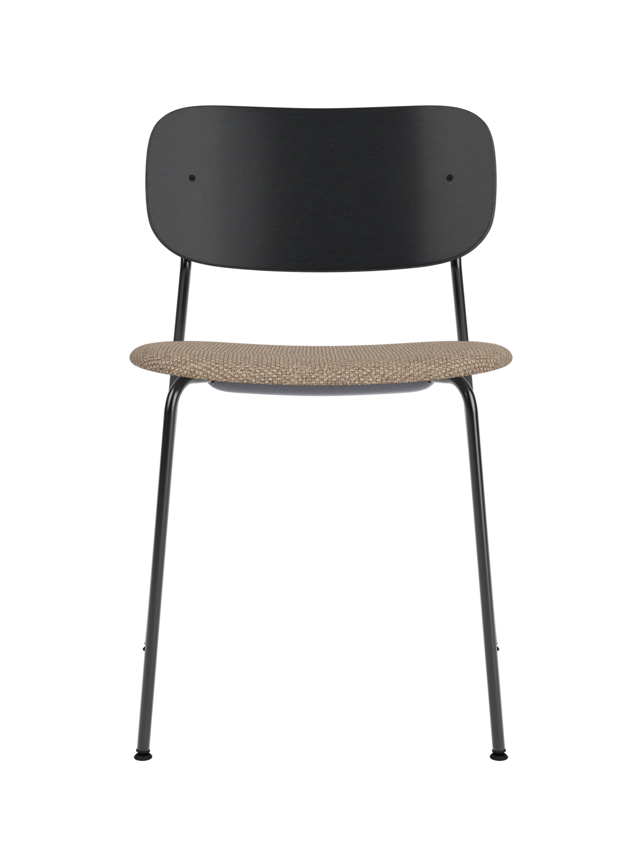 Black Co Dining Chair with a wide oak backrest and textured Logan Flint upholstered seat on a slender steel frame.