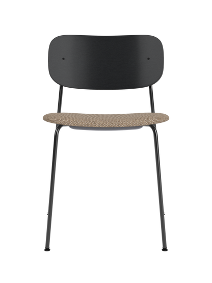 Black Co Dining Chair with a wide oak backrest and textured Logan Flint upholstered seat on a slender steel frame.